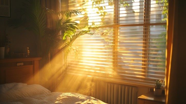Morgonljus strömmar in genom persienner i ett sovrum