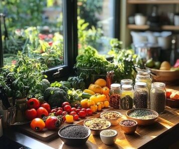 Organiserad köksbänk med grönsaker, frukt, örter och burkar