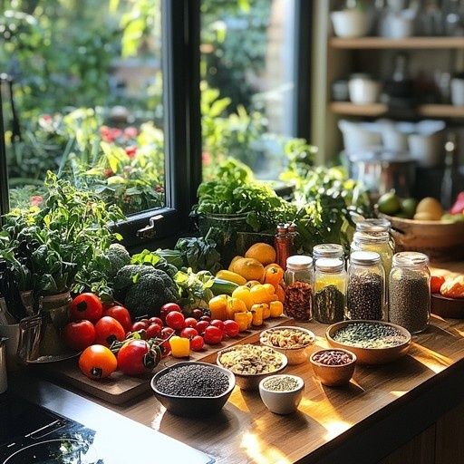 Organiserad köksbänk med grönsaker, frukt, örter och burkar